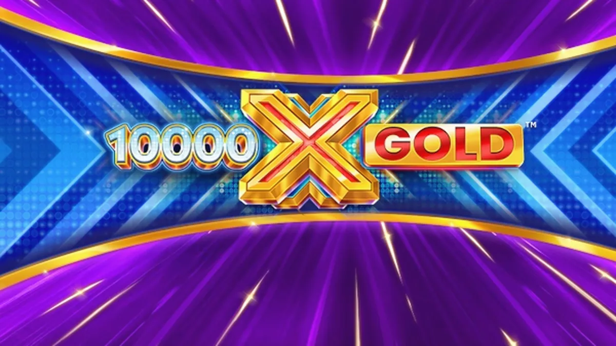 Tampilan layar permainan slot 10,000 X Gold dengan gulungan emas dan simbol-simbol berkilau.